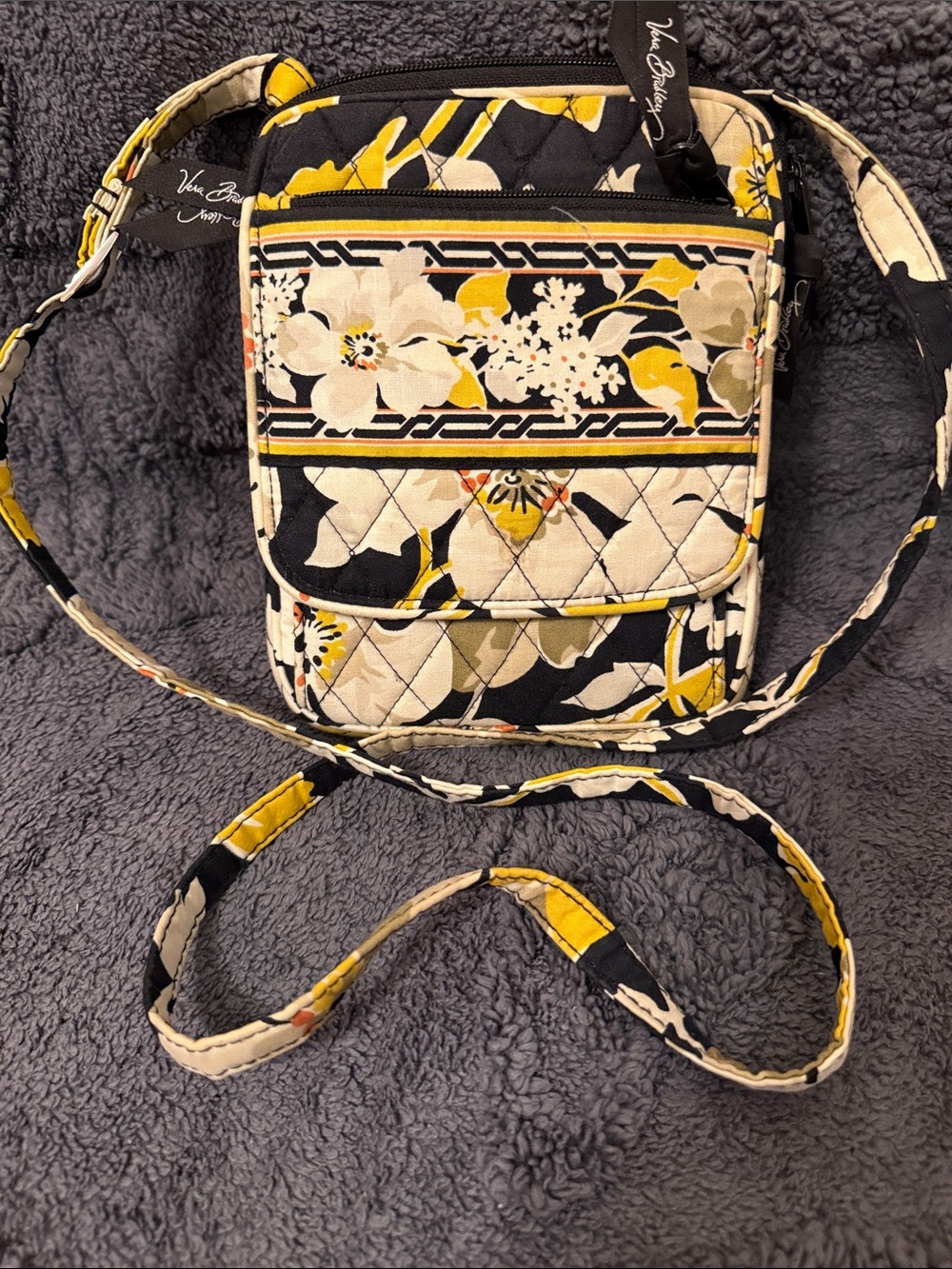 Vera Bradley Black, Yellow & Cream Floral Quilted Crossbody Purse ID Window